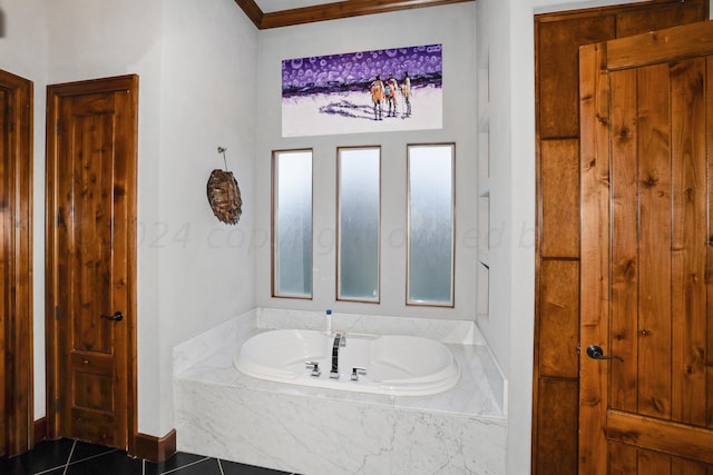 bathroom with tiled bath, tile patterned floors, and crown molding
