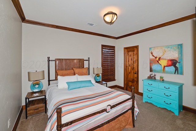 bedroom featuring light colored carpet and crown molding