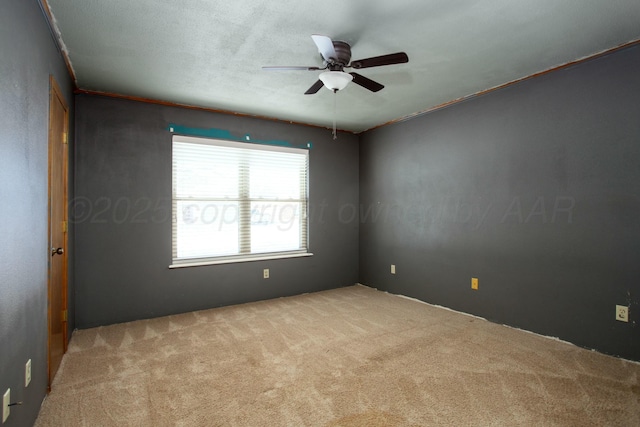 empty room with light colored carpet and ceiling fan