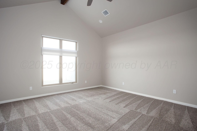 carpeted spare room featuring lofted ceiling with beams, baseboards, a ceiling fan, and visible vents