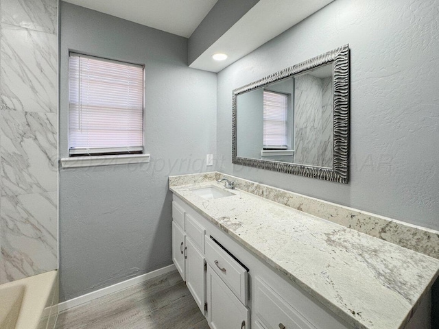 bathroom with hardwood / wood-style floors and vanity