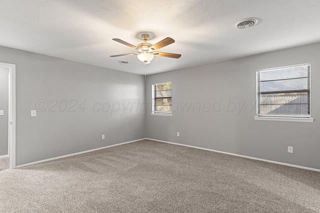 carpeted spare room with ceiling fan