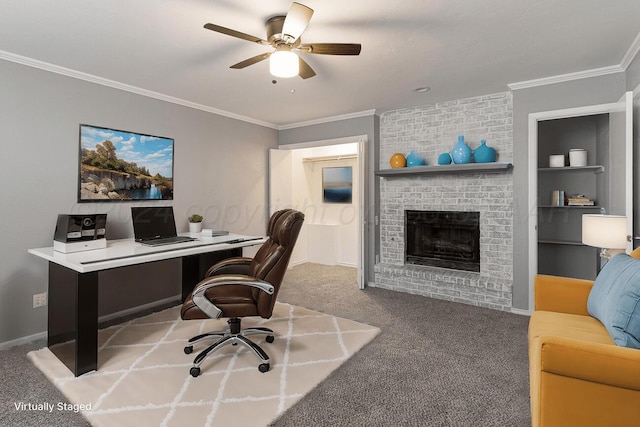 unfurnished living room with a brick fireplace, light hardwood / wood-style floors, ceiling fan, and crown molding