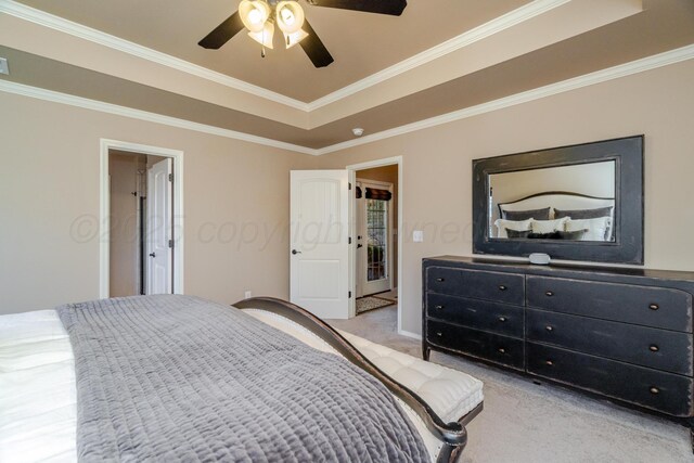 3507 Spokane Ave, Amarillo, TX 79118 - bedroom with light carpet, ornamental molding, a raised ceiling, and a ceiling fan