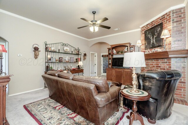 3507 Spokane Ave, Amarillo, TX 79118 - living area featuring carpet, arched walkways, ceiling fan, and ornamental molding