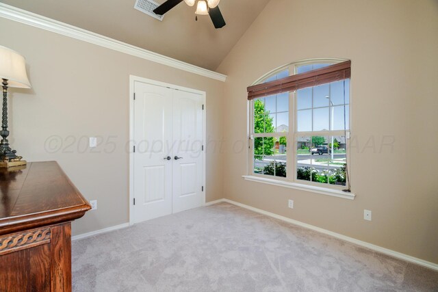 3507 Spokane Ave, Amarillo, TX 79118 - unfurnished bedroom featuring carpet flooring, a closet, a ceiling fan, and high vaulted ceiling