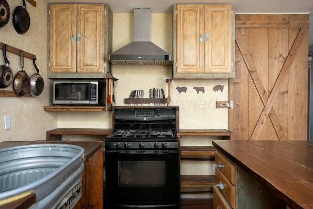 kitchen with stainless steel microwave, tasteful backsplash, gas stove, wall chimney exhaust hood, and wooden counters