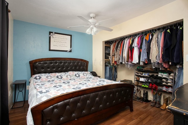 bedroom with ceiling fan and wood finished floors
