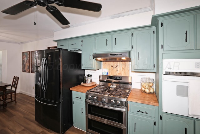 315 Walnut Ave, Panhandle, TX 79068 - kitchen with range with two ovens, freestanding refrigerator, oven, under cabinet range hood, and backsplash