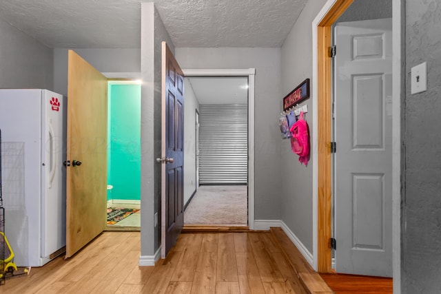 corridor featuring light wood-type flooring and a textured ceiling