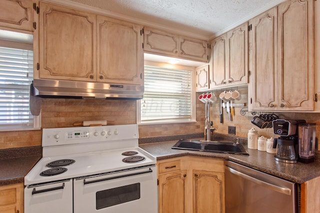 kitchen featuring white electric range oven, a textured ceiling, decorative backsplash, sink, and dishwasher