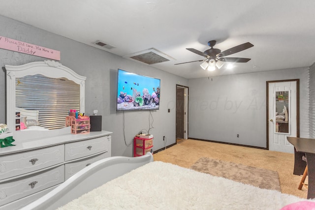 bedroom with light colored carpet and ceiling fan