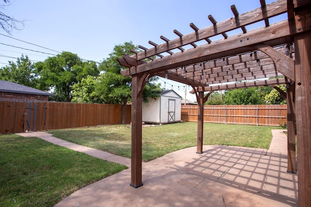 4417 Andrews Ave, Amarillo, TX 79106 - fenced backyard with a patio, a pergola, and a storage shed