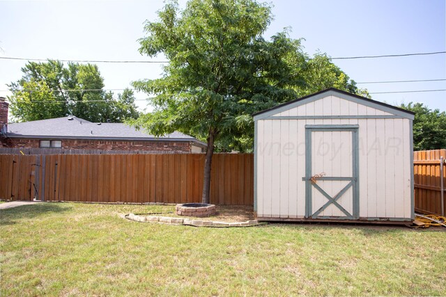 4417 Andrews Ave, Amarillo, TX 79106 - view of shed featuring a fenced backyard and an outdoor fire pit