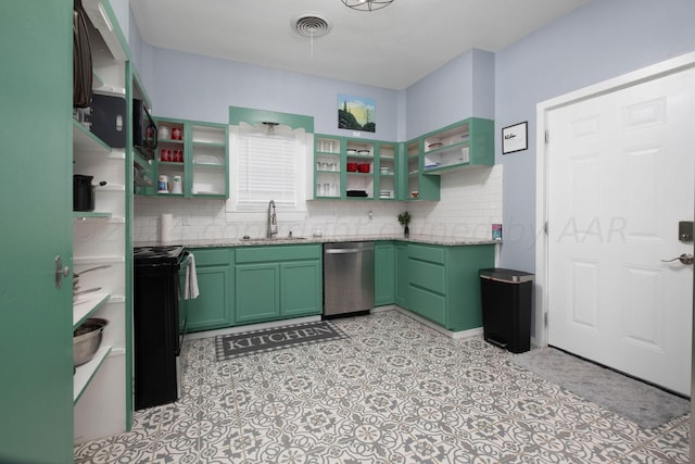 kitchen featuring sink, dishwasher, light stone countertops, black range with electric cooktop, and decorative backsplash