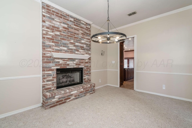 212 S Timbercreek Dr, Amarillo, TX 79118 - unfurnished living room featuring carpet flooring, a brick fireplace, a chandelier, ornamental molding, and baseboards