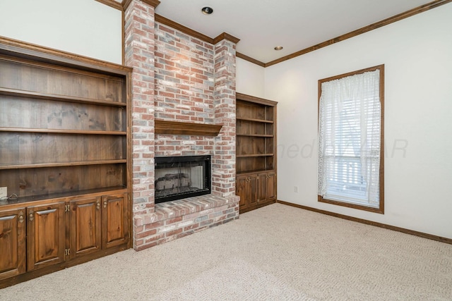 212 S Timbercreek Dr, Amarillo, TX 79118 - unfurnished living room with ornamental molding, carpet flooring, a brick fireplace, and baseboards