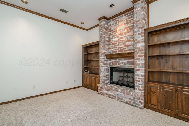 212 S Timbercreek Dr, Amarillo, TX 79118 - unfurnished living room featuring carpet flooring, ornamental molding, a fireplace, and baseboards