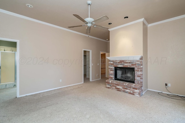 212 S Timbercreek Dr, Amarillo, TX 79118 - unfurnished living room featuring carpet floors, crown molding, ceiling fan, a brick fireplace, and baseboards