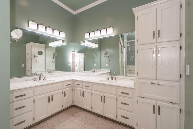 212 S Timbercreek Dr, Amarillo, TX 79118 - bathroom featuring crown molding, double vanity, and an enclosed shower