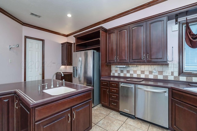 212 S Timbercreek Dr, Amarillo, TX 79118 - kitchen featuring appliances with stainless steel finishes, a sink, dark countertops, open shelves, and ornamental molding