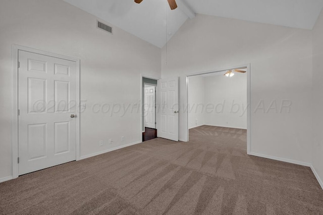 6611 Admiral Ct, Amarillo, TX 79124 - unfurnished bedroom with carpet, beamed ceiling, high vaulted ceiling, and ceiling fan