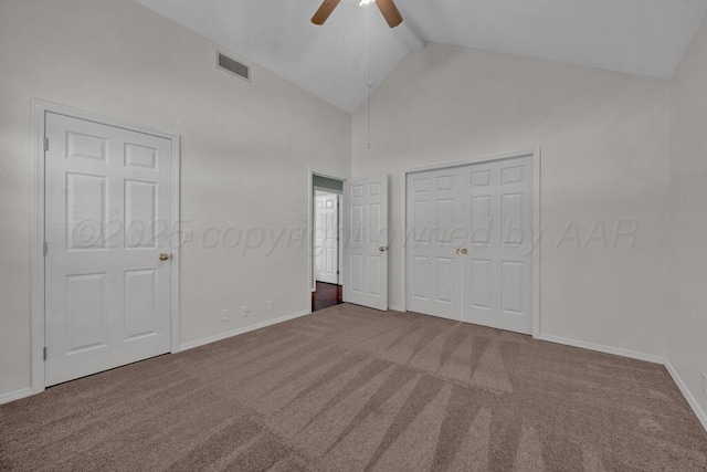 6611 Admiral Ct, Amarillo, TX 79124 - unfurnished bedroom featuring beam ceiling, carpet, high vaulted ceiling, ceiling fan, and a closet