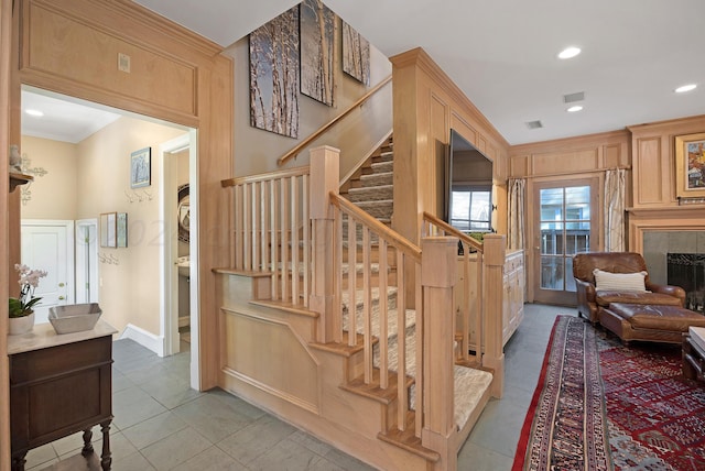 2606 S Lipscomb St, Amarillo, TX 79109 - stairs featuring tile patterned floors and a fireplace