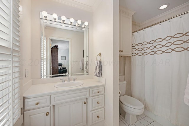 2606 S Lipscomb St, Amarillo, TX 79109 - bathroom with vanity, crown molding, tile patterned flooring, toilet, and curtained shower