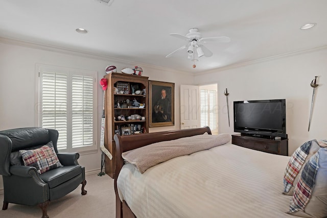 2606 S Lipscomb St, Amarillo, TX 79109 - bedroom featuring light colored carpet, ornamental molding, a ceiling fan, baseboards, and recessed lighting