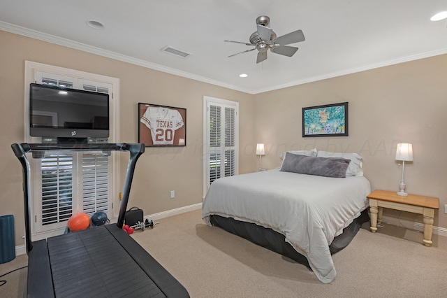 2606 S Lipscomb St, Amarillo, TX 79109 - carpeted bedroom featuring ceiling fan and ornamental molding