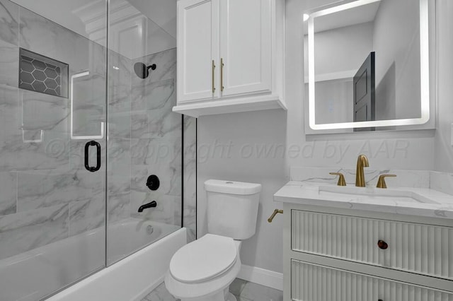 full bath with toilet, vanity, baseboards, marble finish floor, and combined bath / shower with glass door