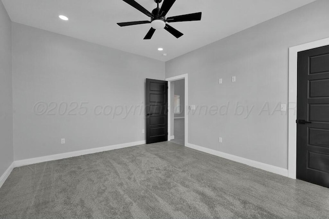 unfurnished room with carpet, baseboards, and recessed lighting