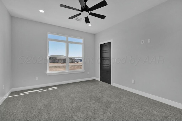 spare room with baseboards, visible vents, a ceiling fan, carpet floors, and recessed lighting