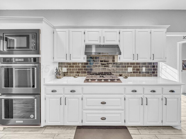 kitchen with under cabinet range hood, white cabinetry, appliances with stainless steel finishes, and light countertops