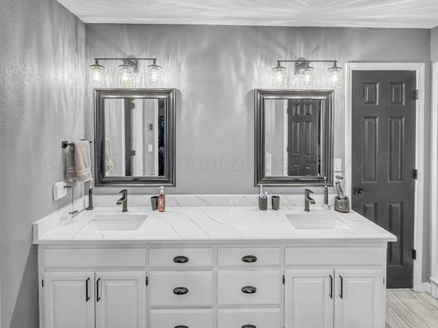 bathroom featuring double vanity, wood finished floors, and a sink