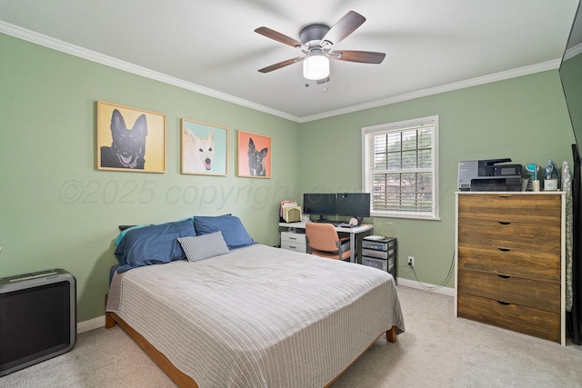 3313 Burrus Pl, Amarillo, TX 79121 - bedroom featuring light carpet, ornamental molding, and ceiling fan