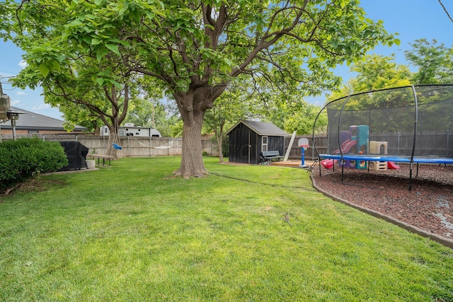 3313 Burrus Pl, Amarillo, TX 79121 - fenced backyard featuring a trampoline and a storage unit