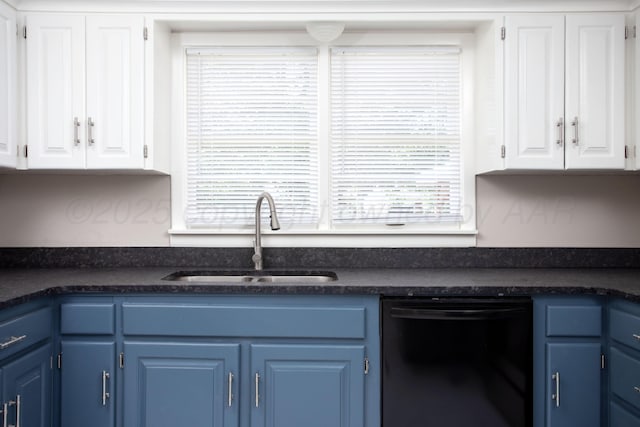 5214 George Ter, Amarillo, TX 79106 - kitchen featuring dishwasher, blue cabinetry, dark countertops, and white cabinetry