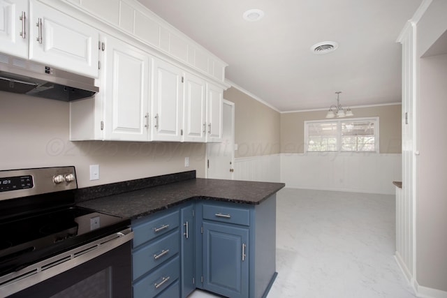 5214 George Ter, Amarillo, TX 79106 - kitchen featuring stainless steel electric stove, blue cabinetry, under cabinet range hood, white cabinetry, and ornamental molding
