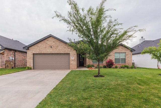 ranch-style home with brick siding, an attached garage, driveway, and a front yard