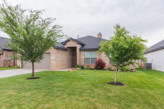 ranch-style house featuring brick siding, concrete driveway, central AC unit, roof with shingles, and a chimney