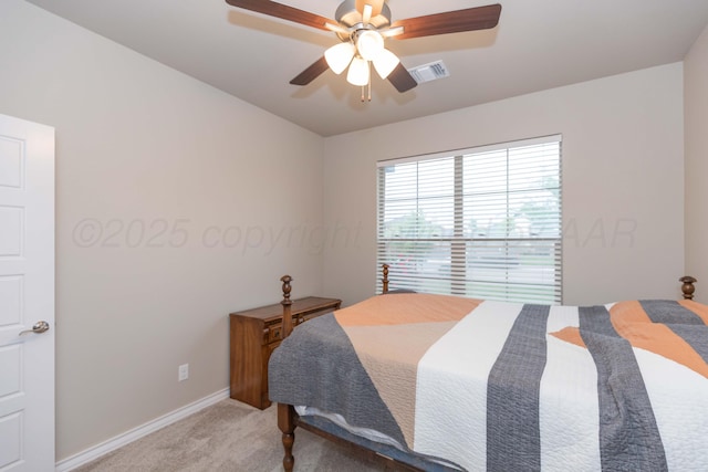 bedroom featuring carpet flooring, baseboards, and a ceiling fan