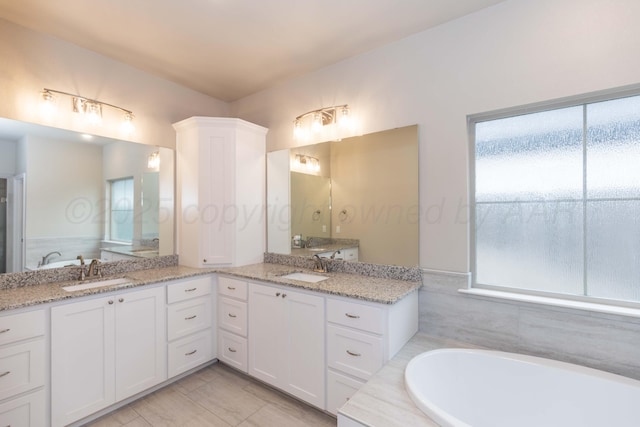 full bathroom featuring plenty of natural light, a bath, and double vanity