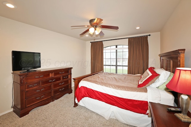carpeted bedroom featuring recessed lighting, a ceiling fan, and baseboards