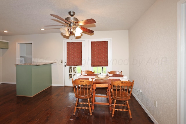 dining area with a ceiling fan, hardwood / wood-style floors, baseboards, recessed lighting, and a textured ceiling