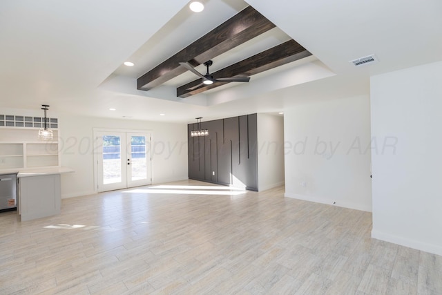 3807 Hancock St, Amarillo, TX 79109 - unfurnished living room with recessed lighting, beam ceiling, a ceiling fan, baseboards, and light wood finished floors