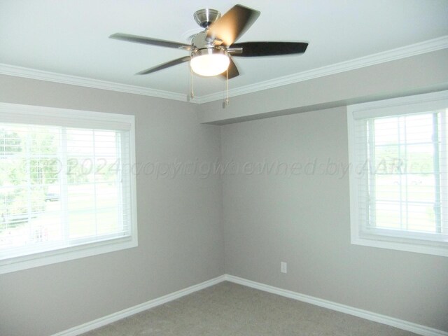 carpeted empty room with ornamental molding, ceiling fan, and a healthy amount of sunlight