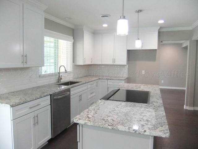 kitchen with sink, decorative light fixtures, a center island, white cabinets, and dishwasher