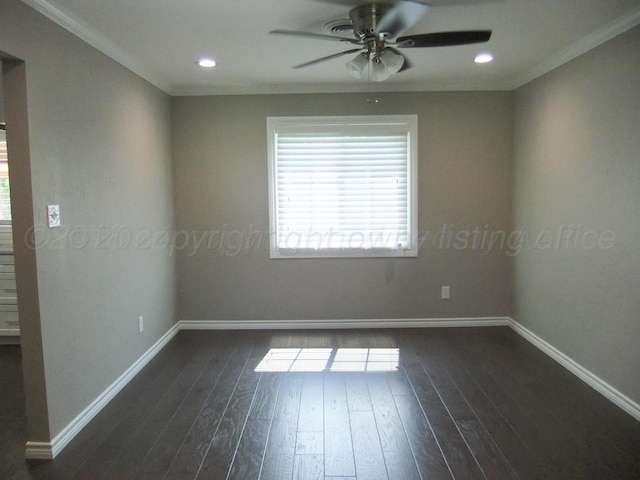 spare room with dark wood-type flooring, ceiling fan, and crown molding